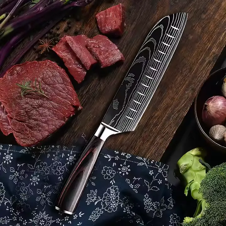 Cuchillo Santoku de 7" con mango de simil madera