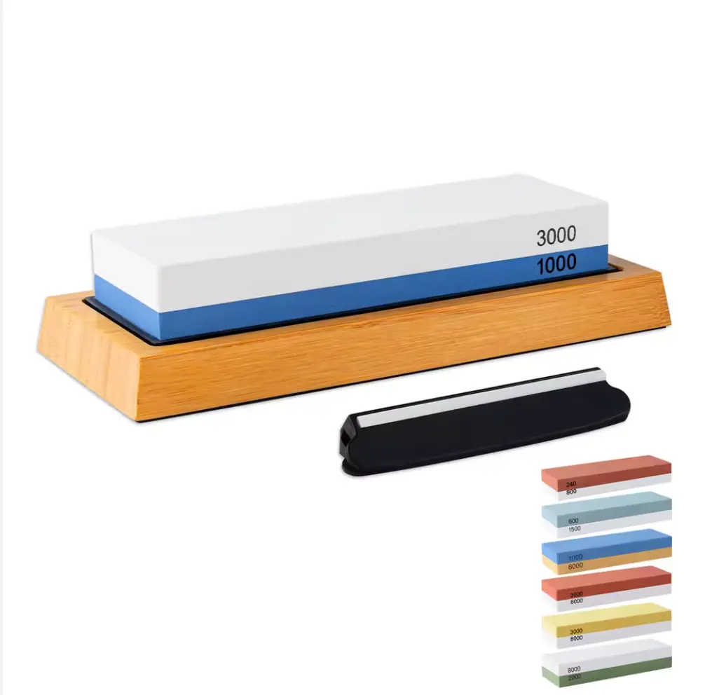 [COPP-578] Piedra de afilar profesional de doble cara con grano 1000/3000 con base de bambú antideslizante y guía de ángulo