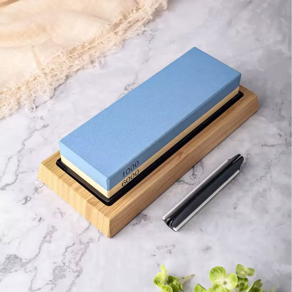 [COPP-581] Piedra de afilar profesional de doble cara con grano 1000/6000 con base de bambú antideslizante y guía de ángulo
