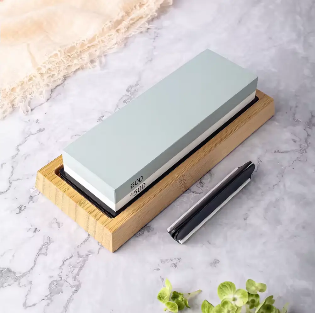 [COPP-582] Piedra de afilar profesional de doble cara con grano 600/1500 con base de bambú antideslizante y guía de ángulo