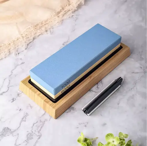 [COPP-581] Piedra de afilar profesional de doble cara con grano 1000/6000 con base de bambú antideslizante y guía de ángulo